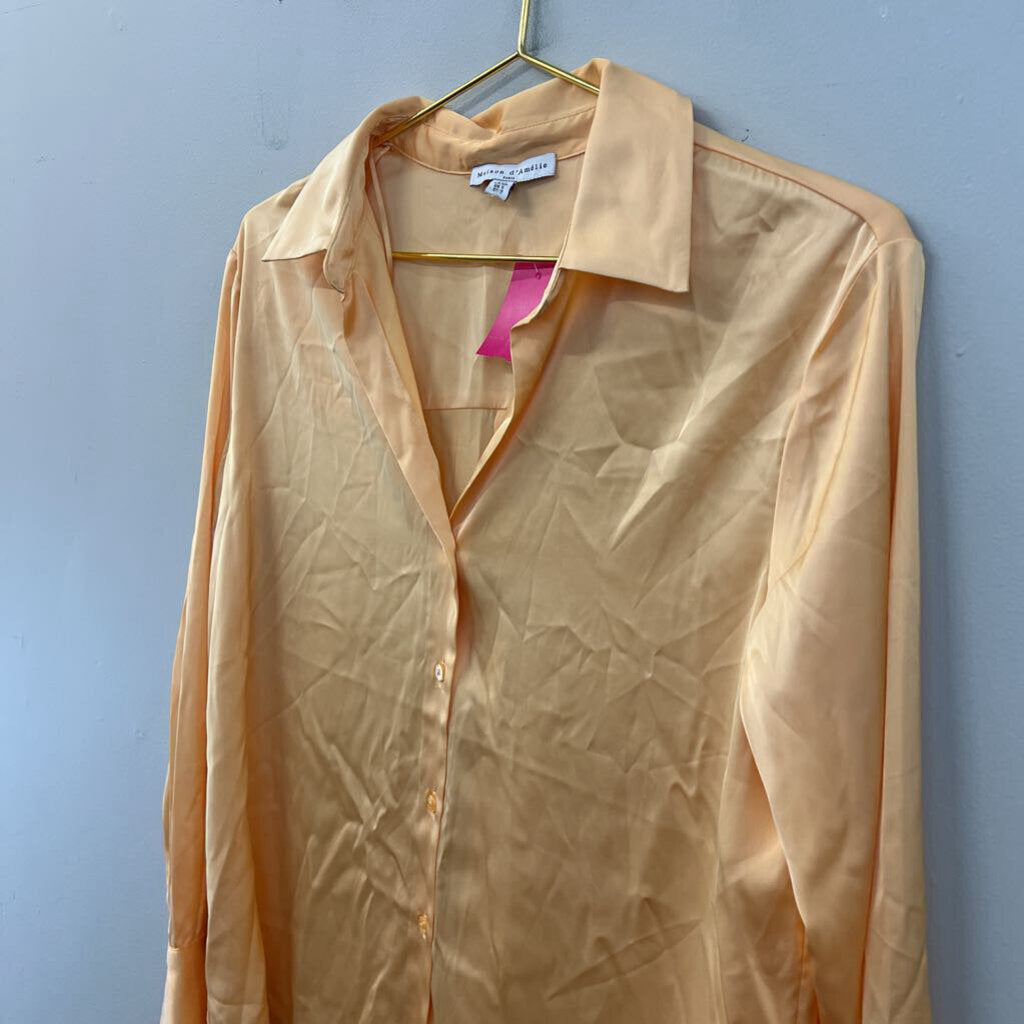 Maison d'Amelie Orange Silky Long Sleeve Button Down Top Small