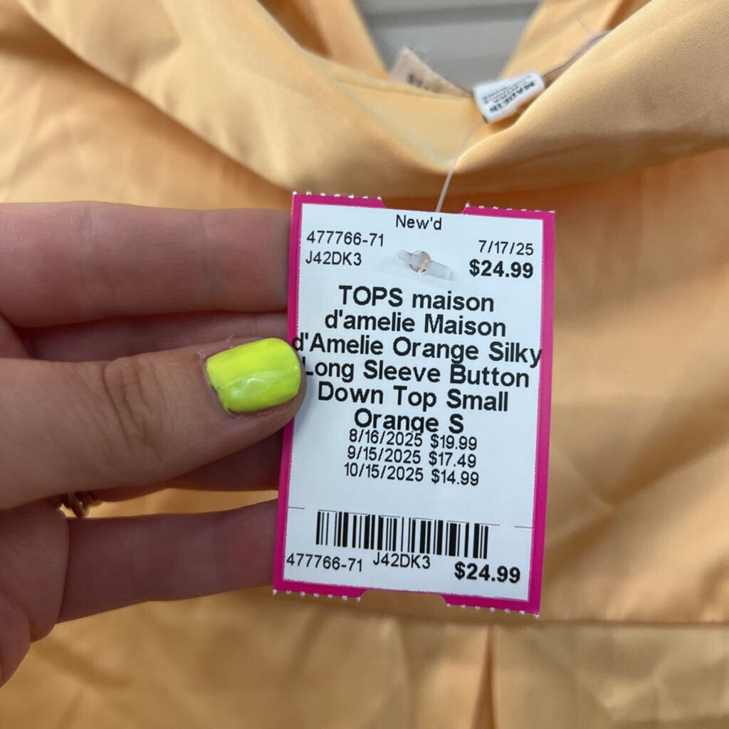 Maison d'Amelie Orange Silky Long Sleeve Button Down Top Small