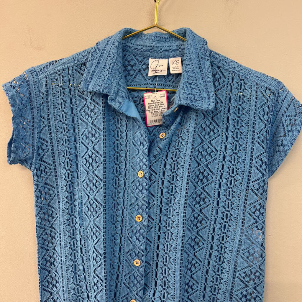 Goa Blue Sheer Knit Short Sleeve Button Down Top/ Shorts Set Extra Small