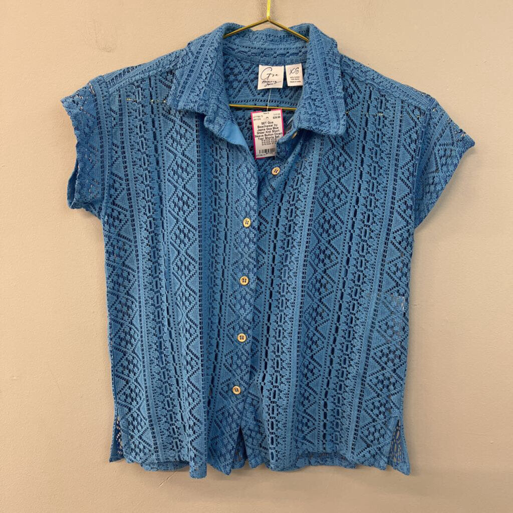 Goa Blue Sheer Knit Short Sleeve Button Down Top/ Shorts Set Extra Small