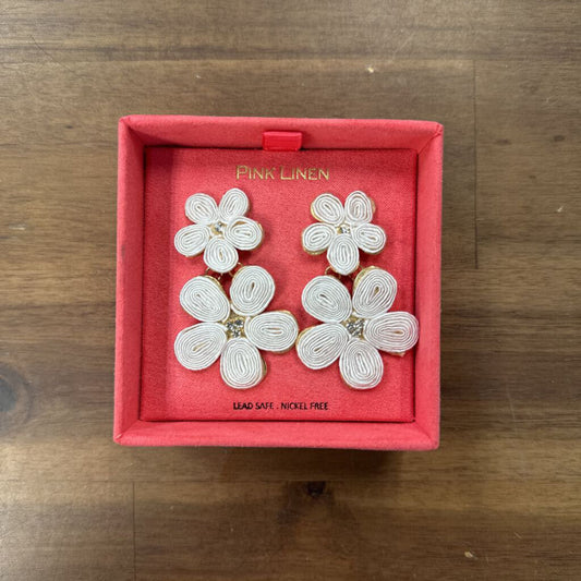 Pink Linen White Flower Drop Earrings