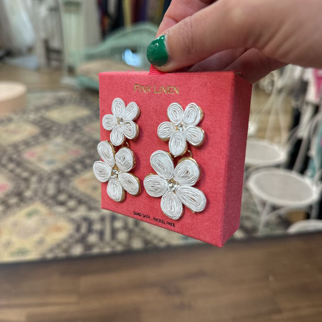 Pink Linen White Flower Drop Earrings