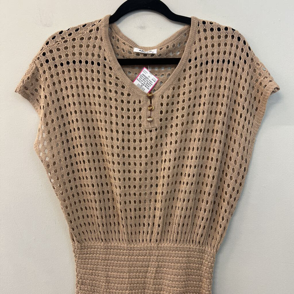 Aolro Brown Open Knit Short Sleeve Cover Up Dress Extra Large
