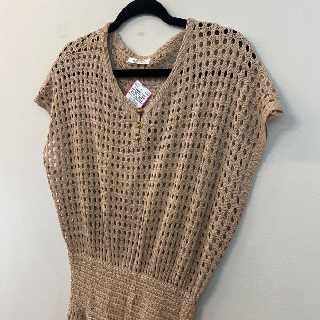Aolro Brown Open Knit Short Sleeve Cover Up Dress Extra Large