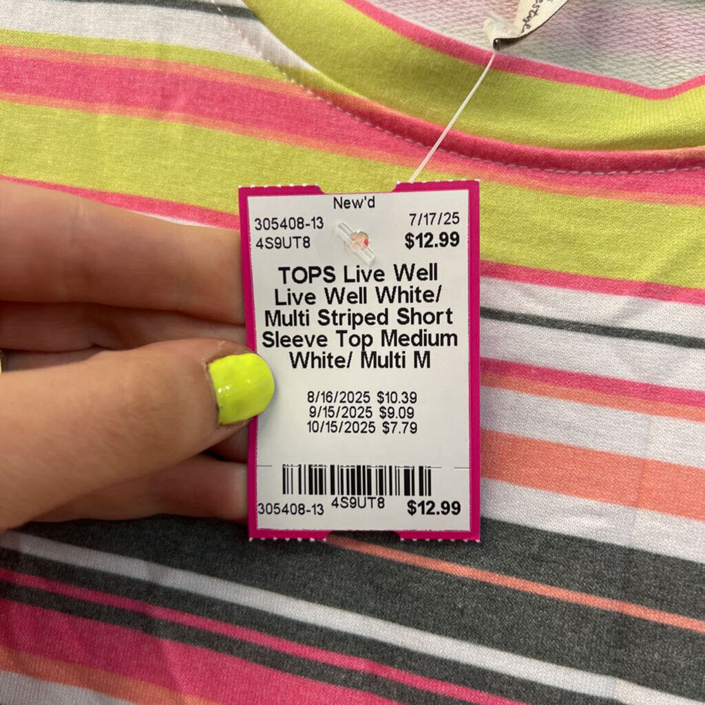 Live Well White/ Multi Striped Short Sleeve Top Medium