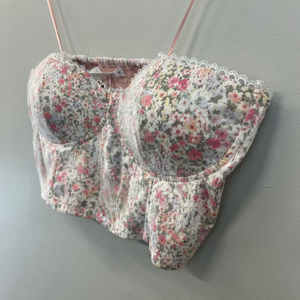 Altar'd State White/ Multi Lace Floral Print Cropped Corset Top Extra Large