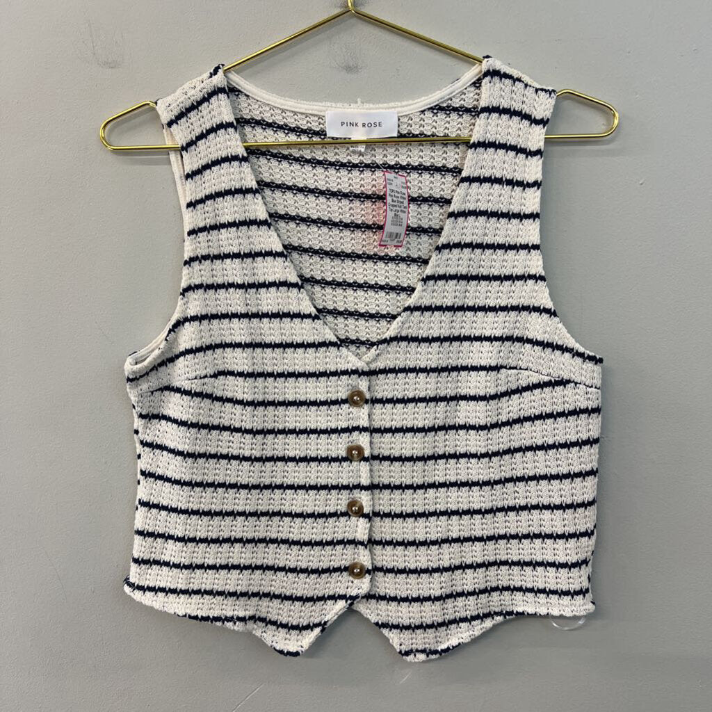 Pink Rose White/ Blue Striped Cropped Knit Tank Top Large
