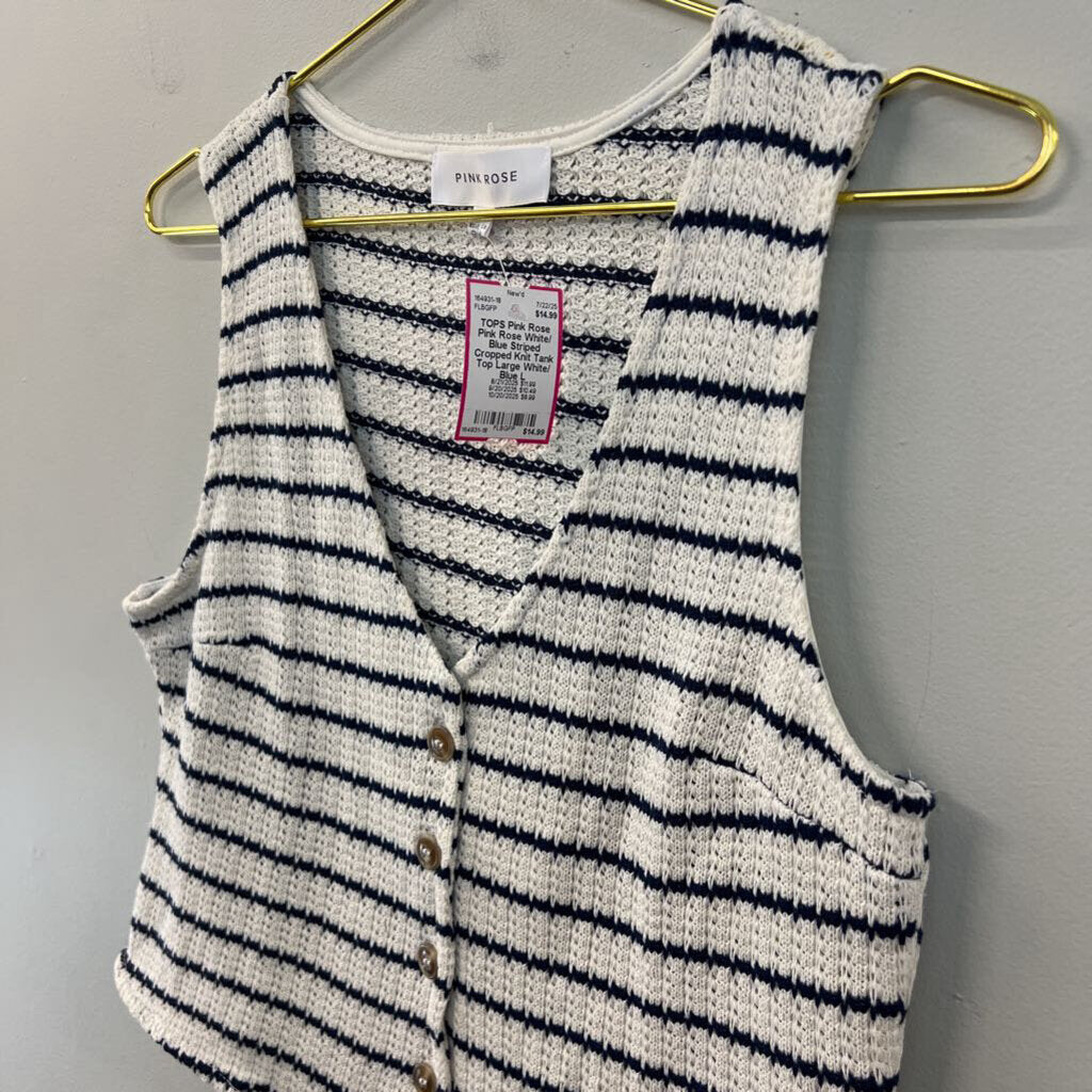 Pink Rose White/ Blue Striped Cropped Knit Tank Top Large