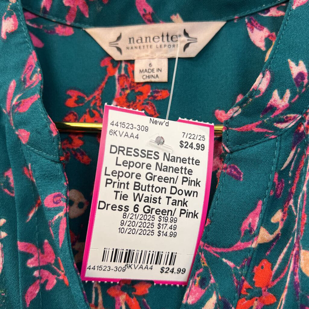 Nanette Lepore Green/ Pink Print Button Down Tie Waist Tank Dress 6