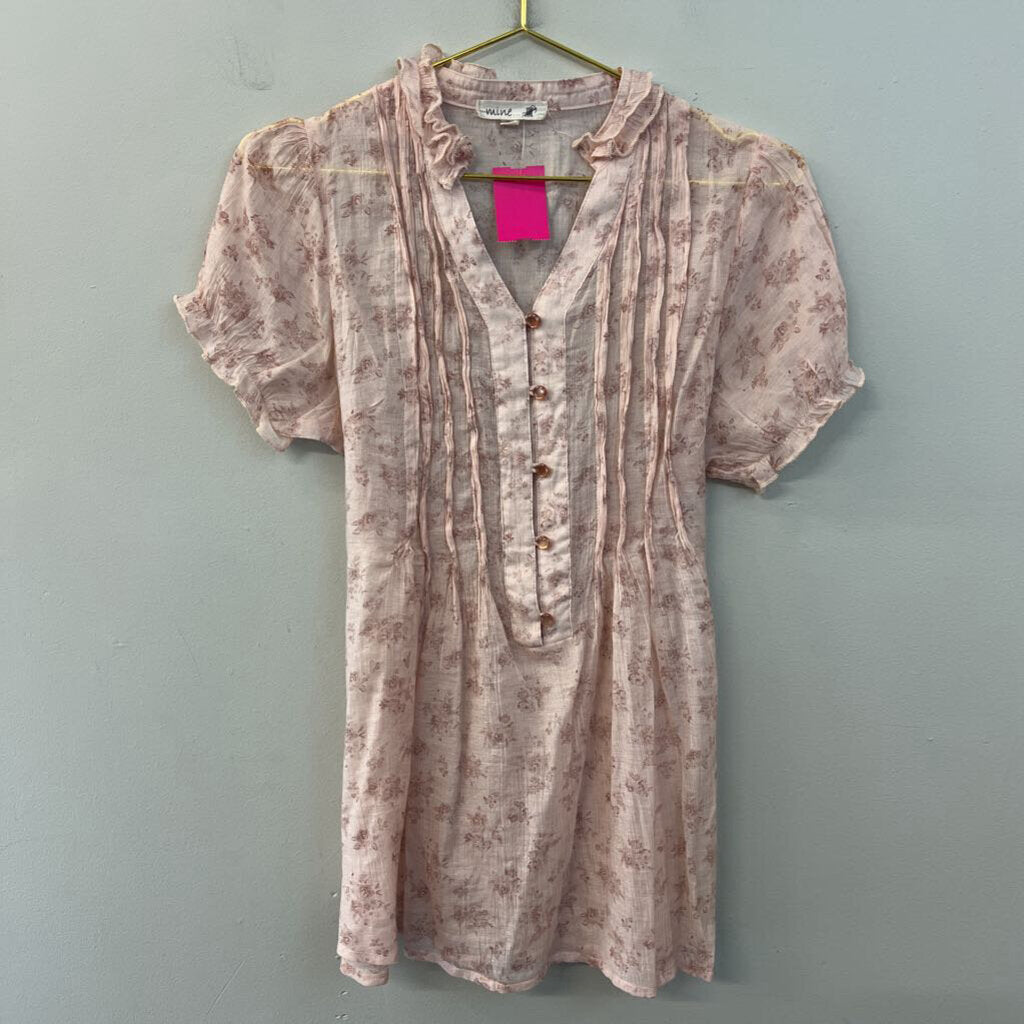 Mine Pink Sheer Flower Print Short Sleeve Top Large
