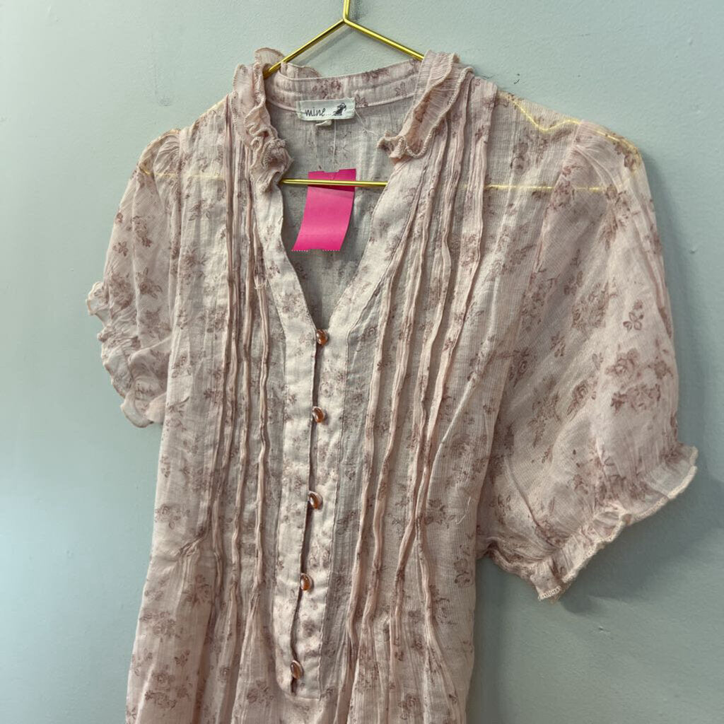 Mine Pink Sheer Flower Print Short Sleeve Top Large
