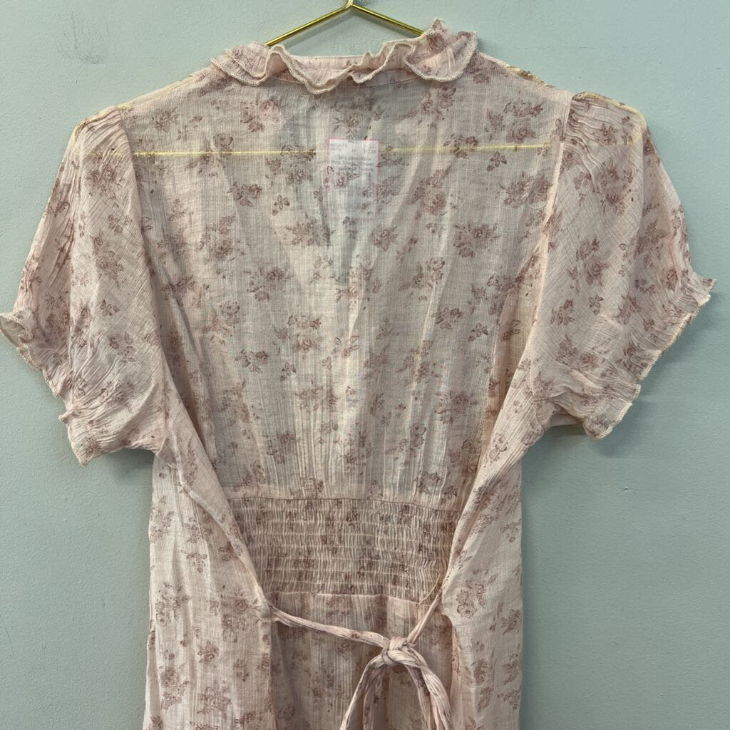 Mine Pink Sheer Flower Print Short Sleeve Top Large