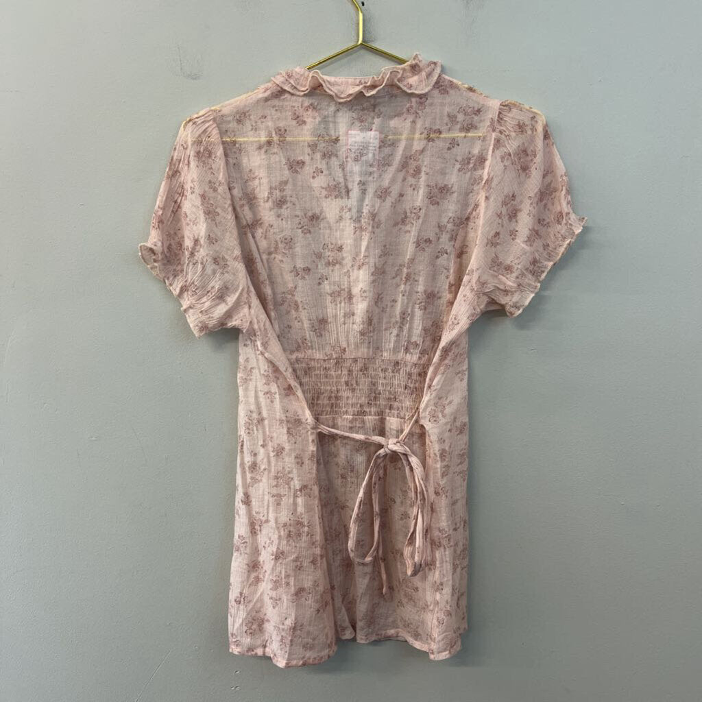 Mine Pink Sheer Flower Print Short Sleeve Top Large