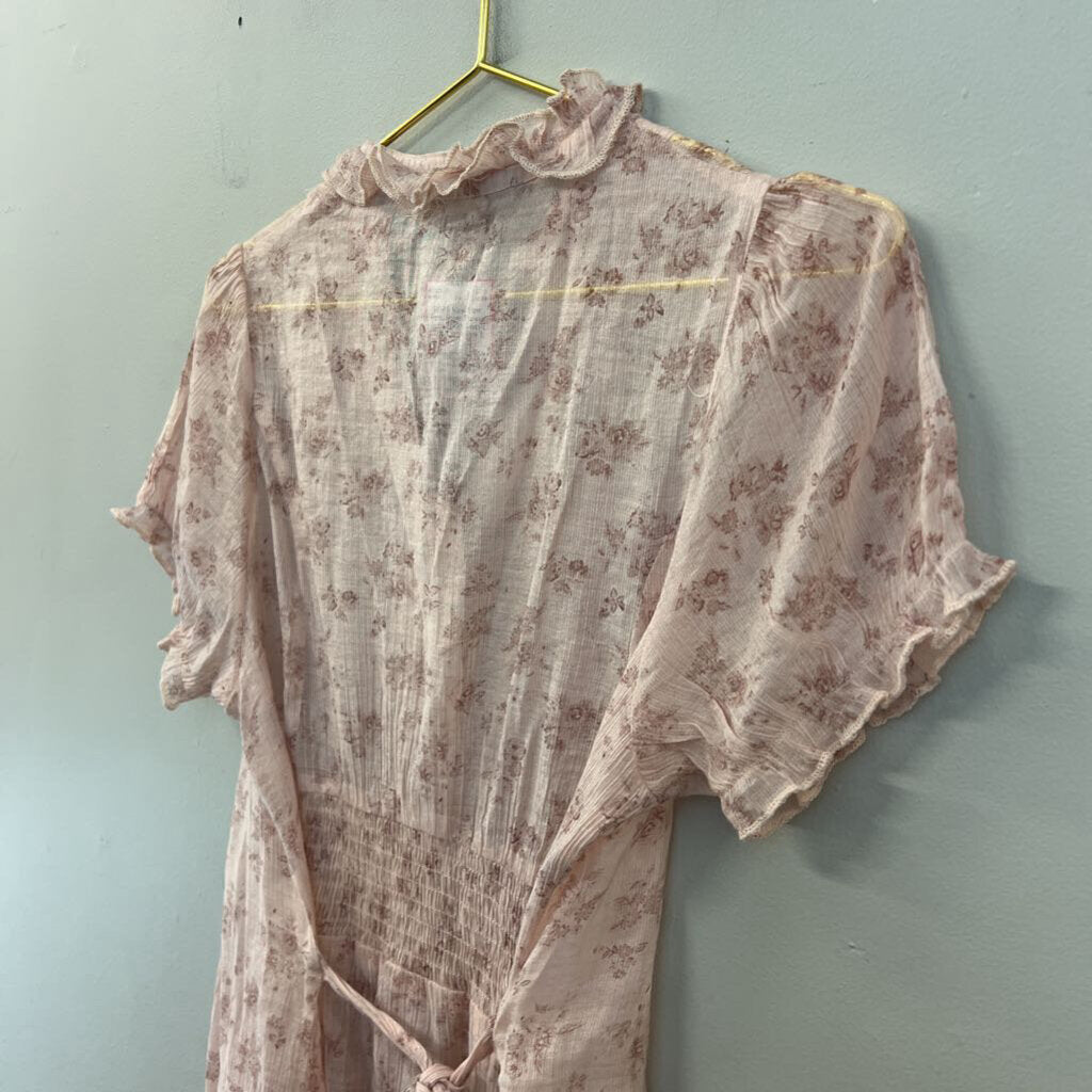 Mine Pink Sheer Flower Print Short Sleeve Top Large
