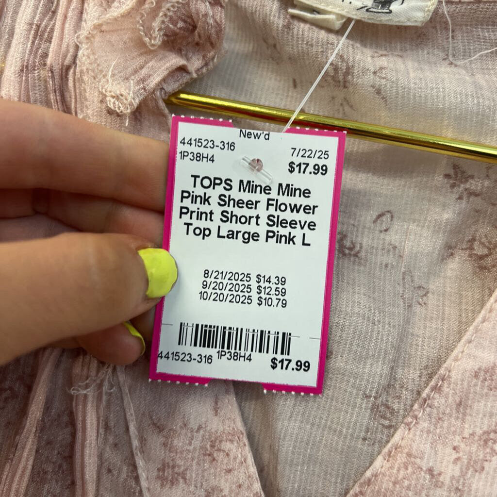 Mine Pink Sheer Flower Print Short Sleeve Top Large