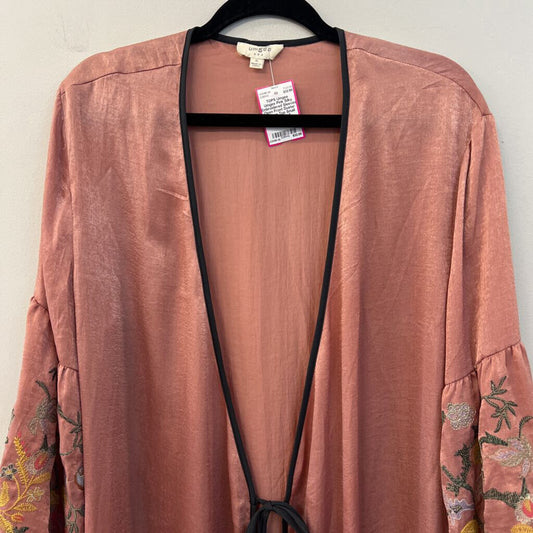Umgee Pink Silky Embroidered Sleeves Open Front Duster Kimono Top Small