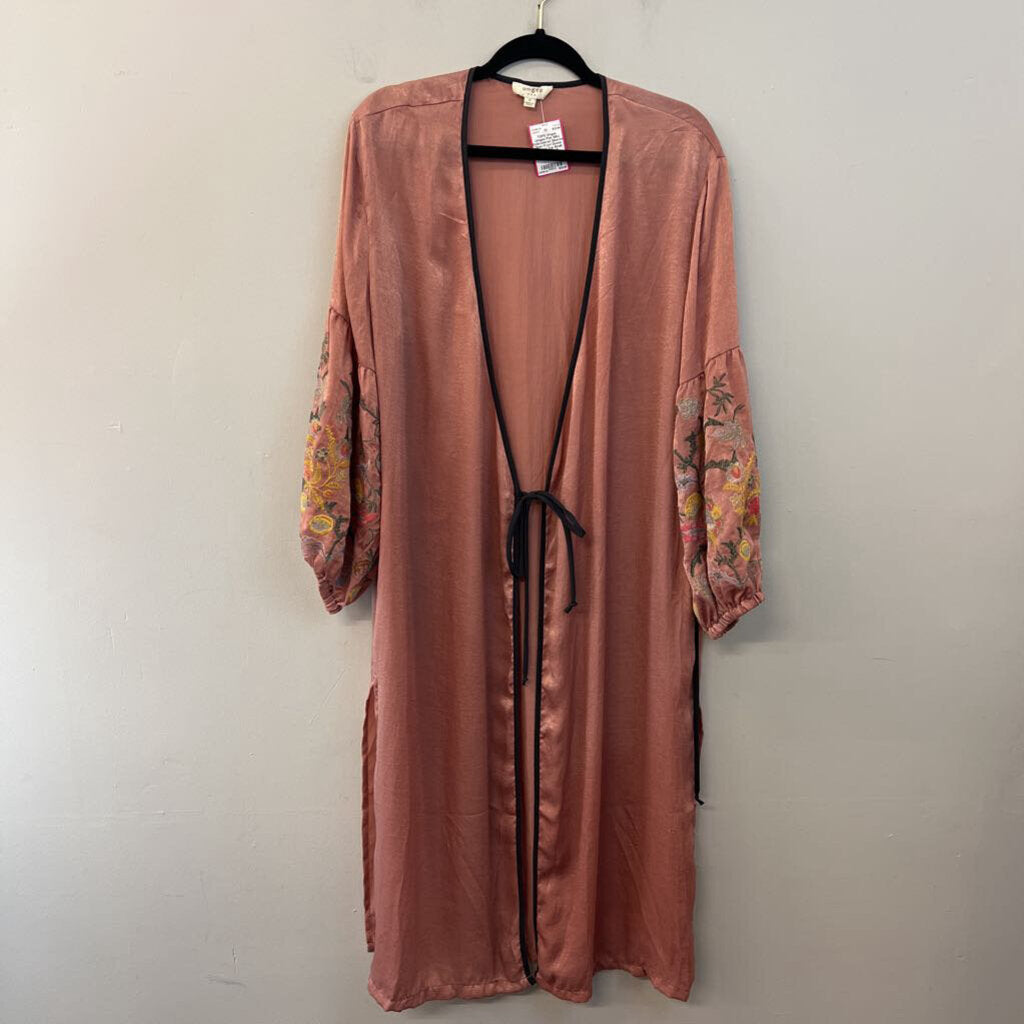 Umgee Pink Silky Embroidered Sleeves Open Front Duster Kimono Top Small