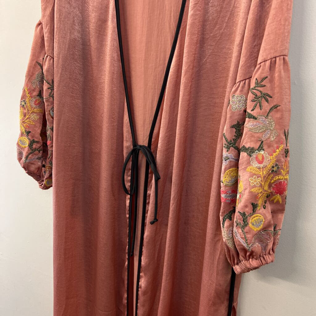 Umgee Pink Silky Embroidered Sleeves Open Front Duster Kimono Top Small