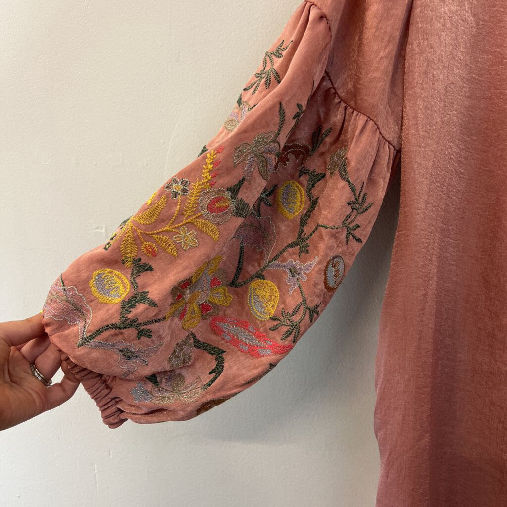 Umgee Pink Silky Embroidered Sleeves Open Front Duster Kimono Top Small