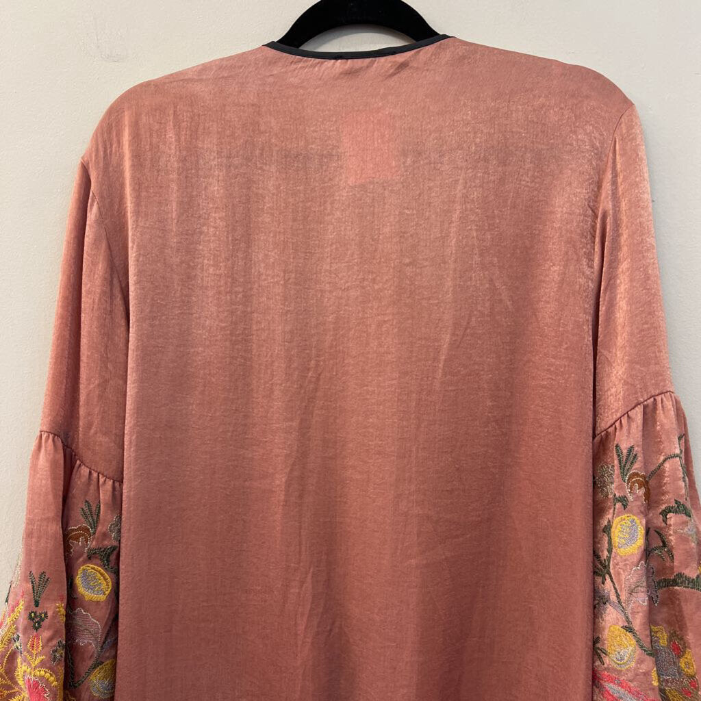 Umgee Pink Silky Embroidered Sleeves Open Front Duster Kimono Top Small