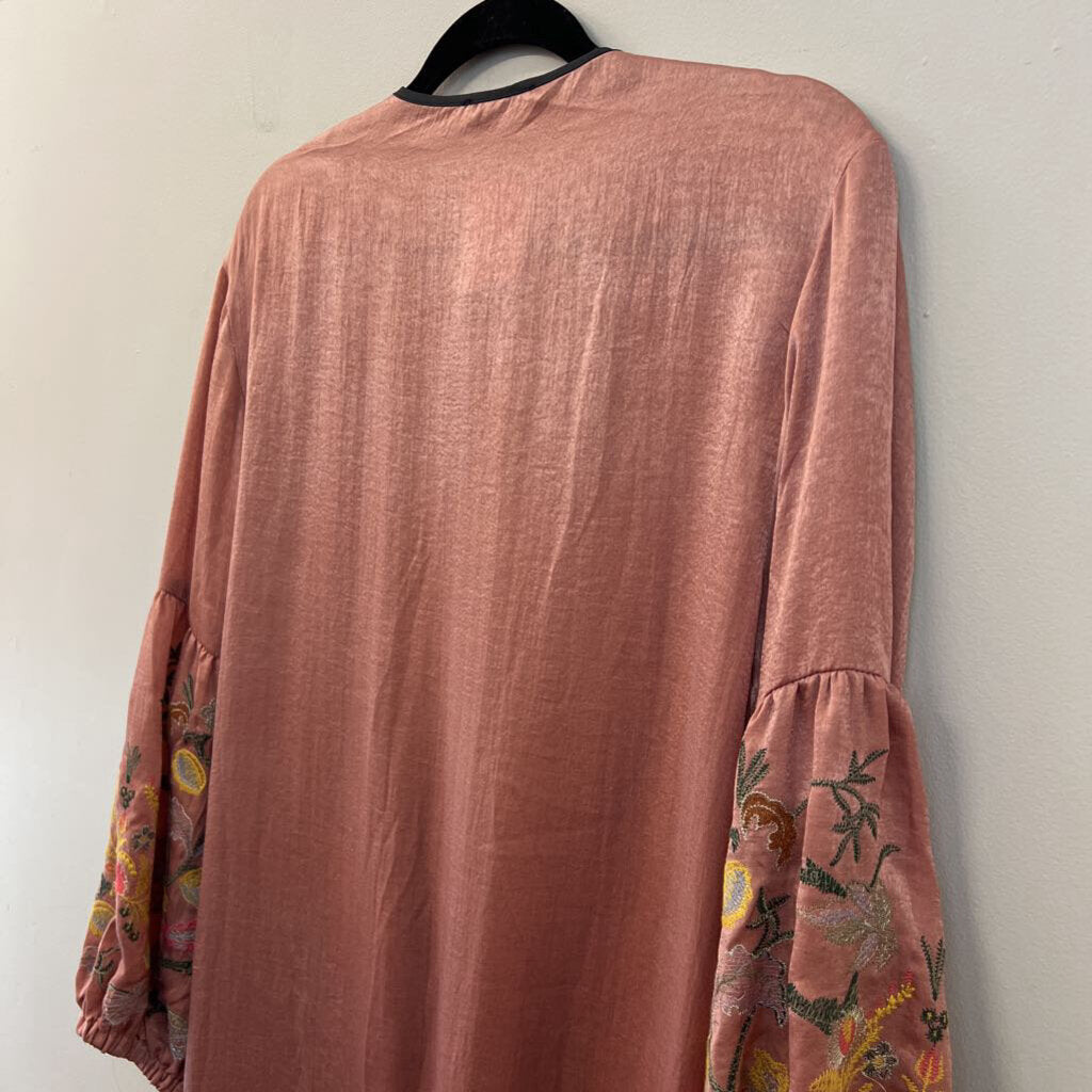Umgee Pink Silky Embroidered Sleeves Open Front Duster Kimono Top Small