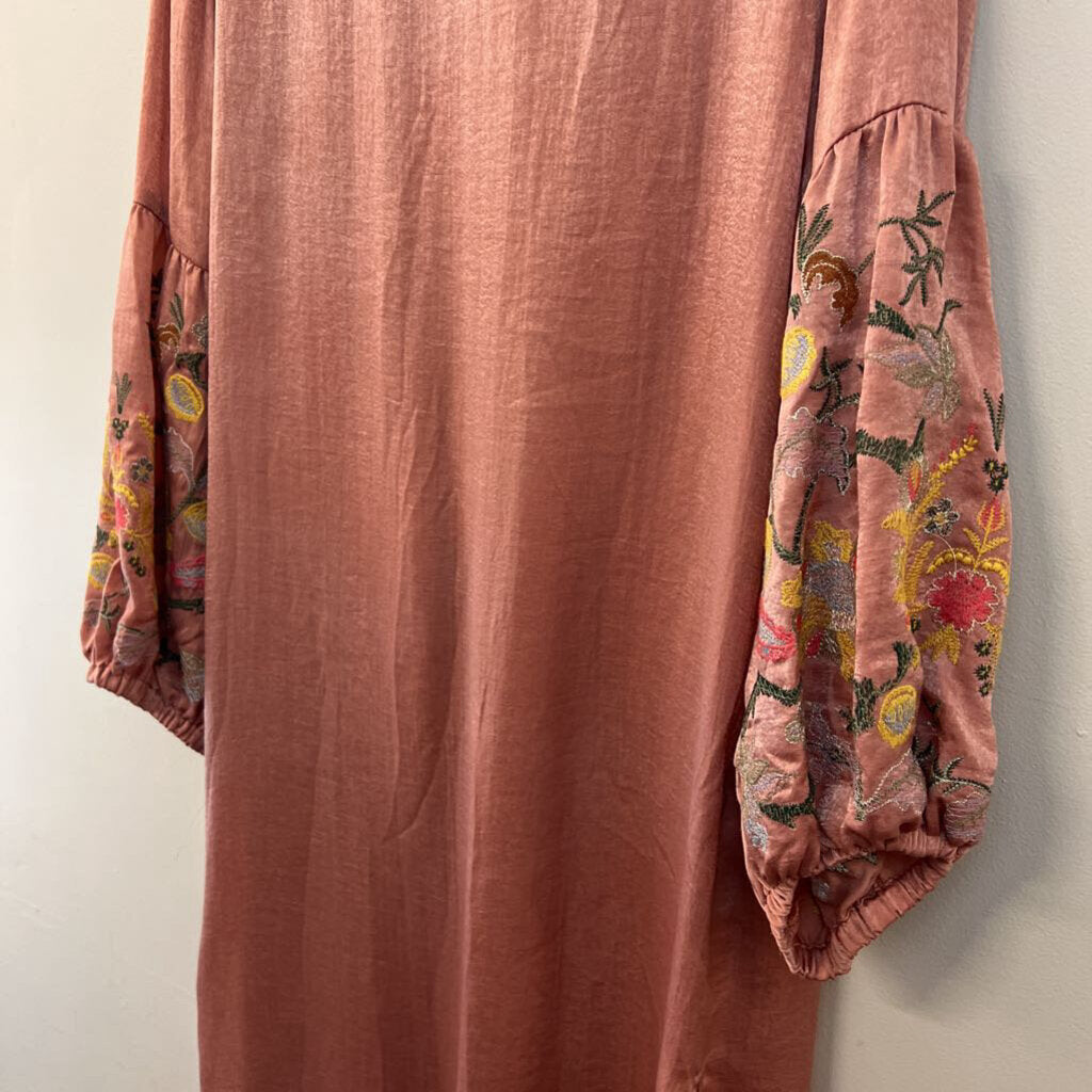 Umgee Pink Silky Embroidered Sleeves Open Front Duster Kimono Top Small