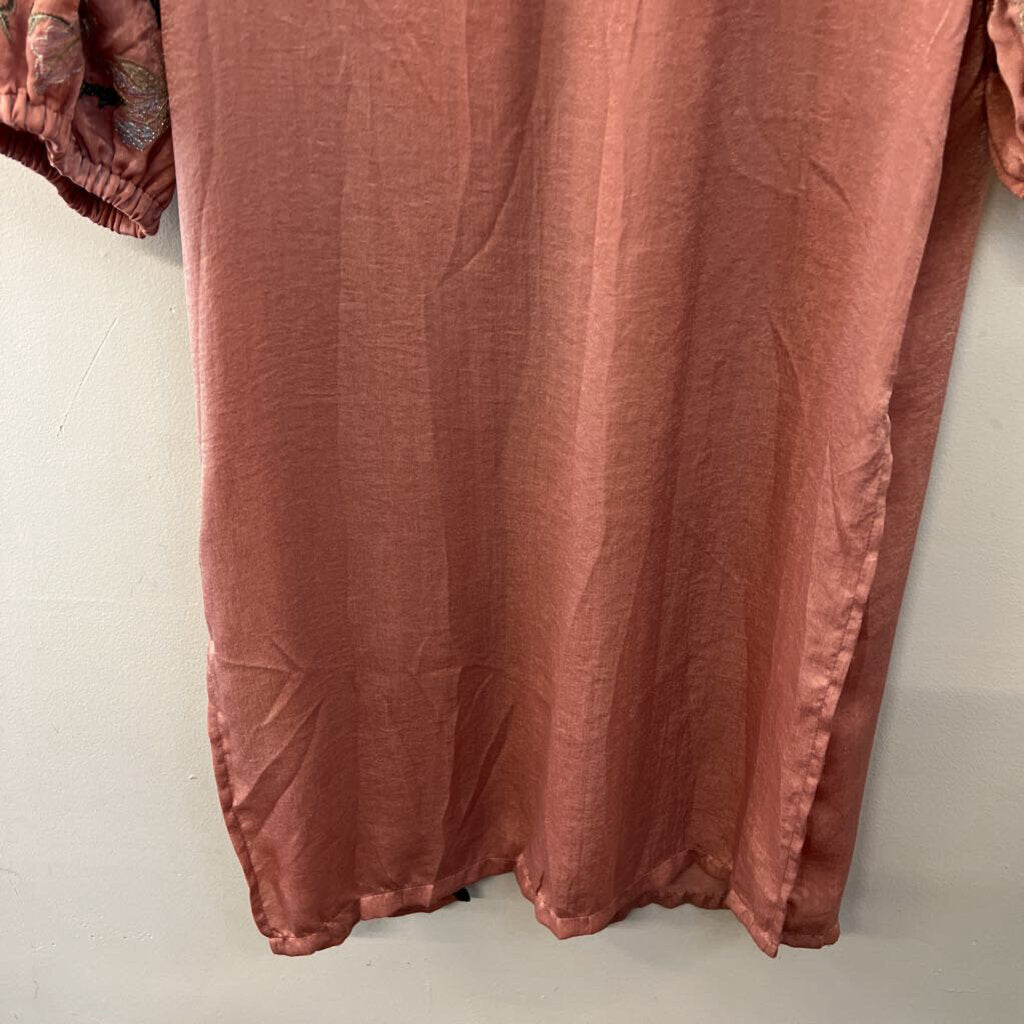 Umgee Pink Silky Embroidered Sleeves Open Front Duster Kimono Top Small
