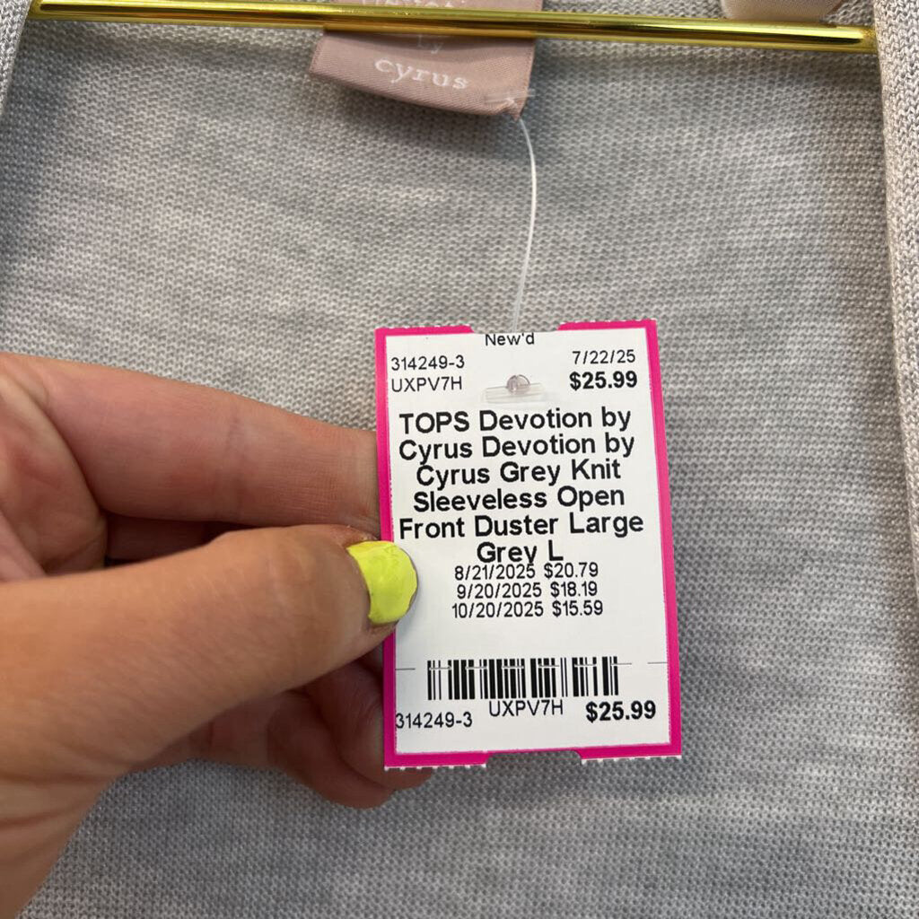 Devotion by Cyrus Grey Knit Sleeveless Open Front Duster Large