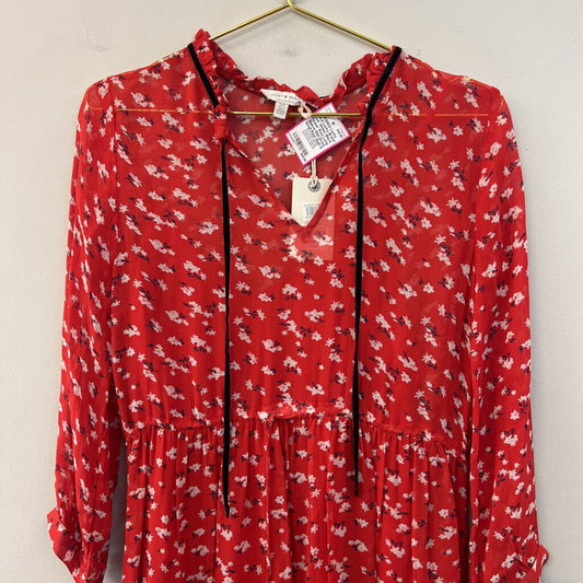Lucky Brand Red/ White/ Black Flower Print Long Sleeve Midi Dress Small