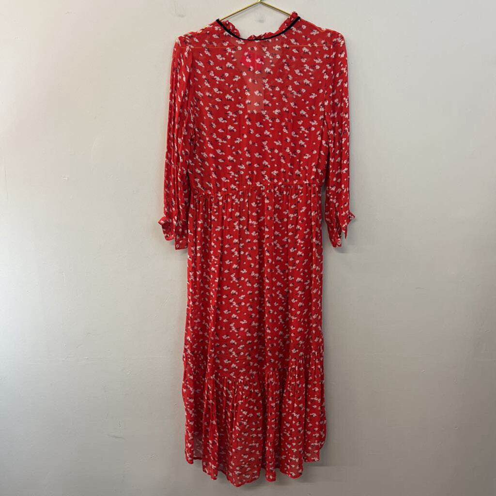 Lucky Brand Red/ White/ Black Flower Print Long Sleeve Midi Dress Small