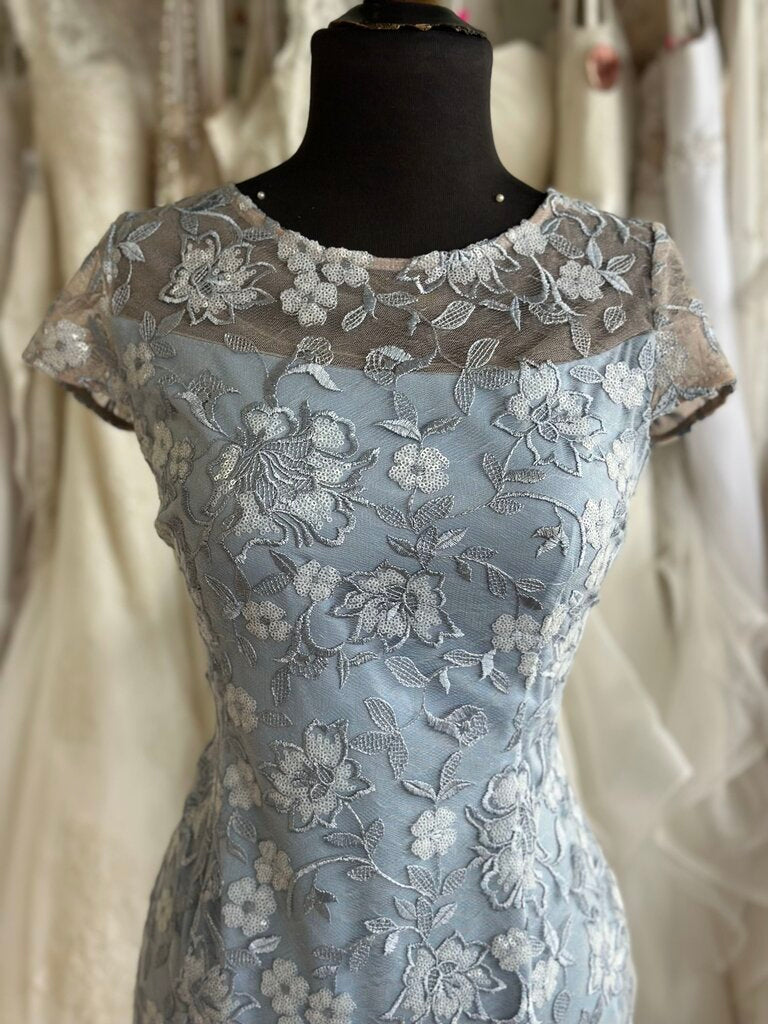 Alex Evenings Blue Sequin Lace Short Sleeve Formal Dress 8