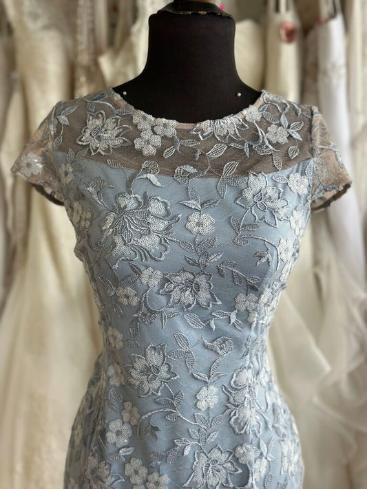 Alex Evenings Blue Sequin Lace Short Sleeve Formal Dress 8