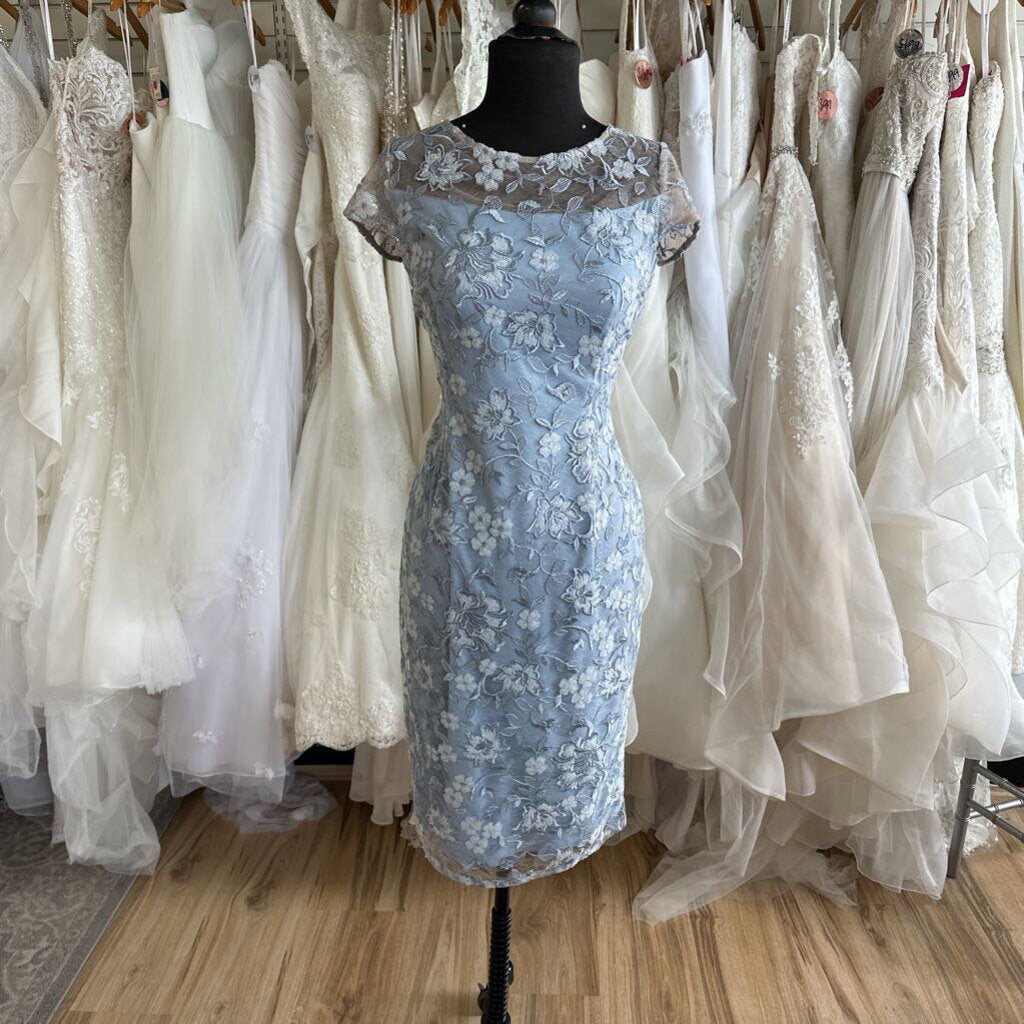 Alex Evenings Blue Sequin Lace Short Sleeve Formal Dress 8
