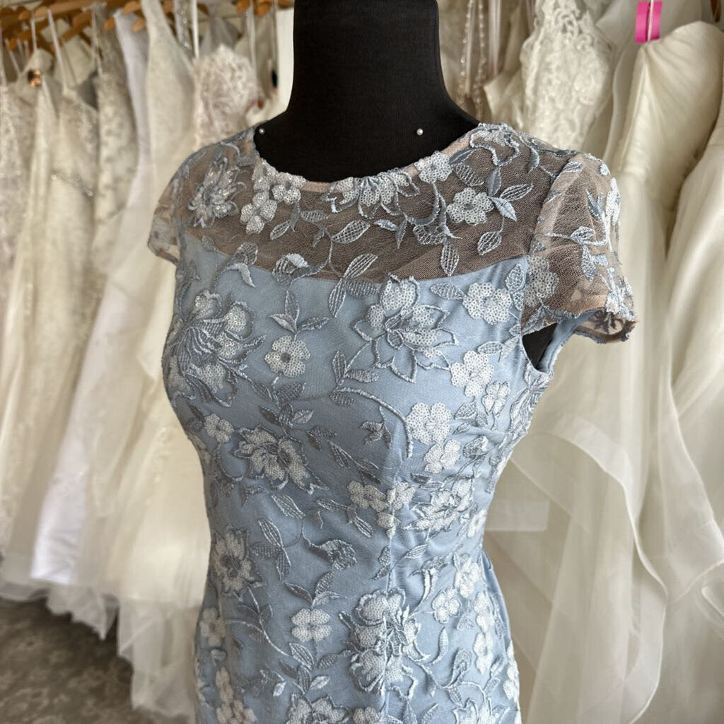 Alex Evenings Blue Sequin Lace Short Sleeve Formal Dress 8