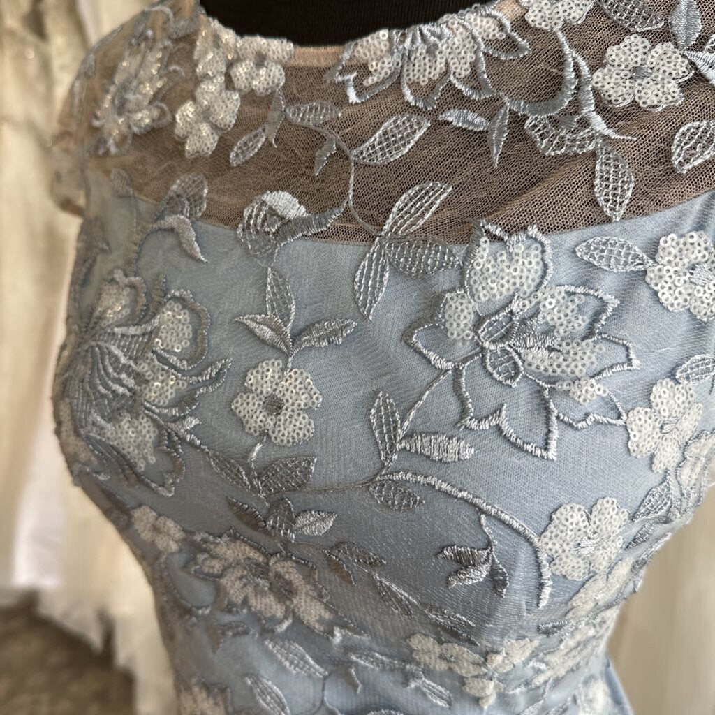 Alex Evenings Blue Sequin Lace Short Sleeve Formal Dress 8