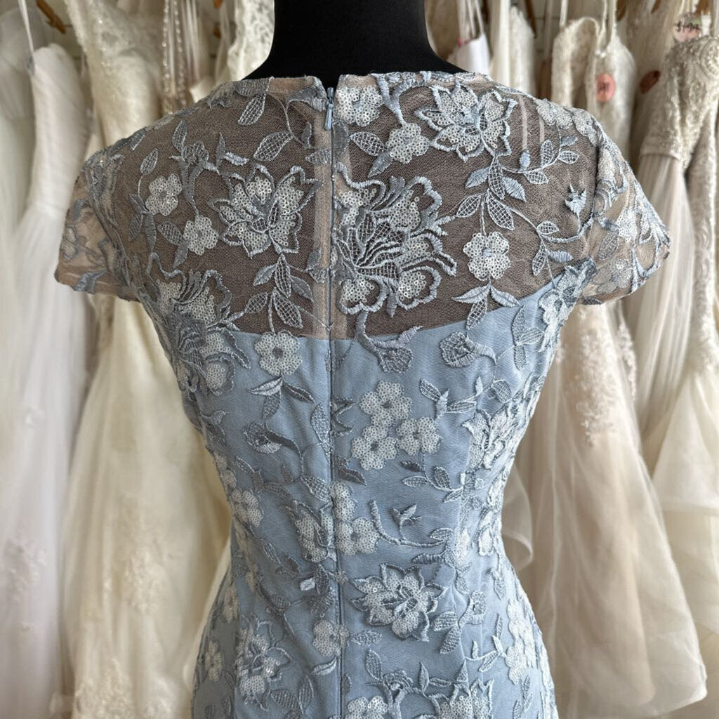 Alex Evenings Blue Sequin Lace Short Sleeve Formal Dress 8