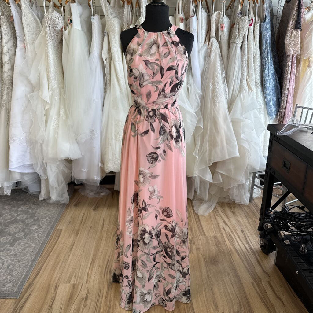 Eliza J Pink/ Black/ White Flower Print High Neck Long Formal Dress 10