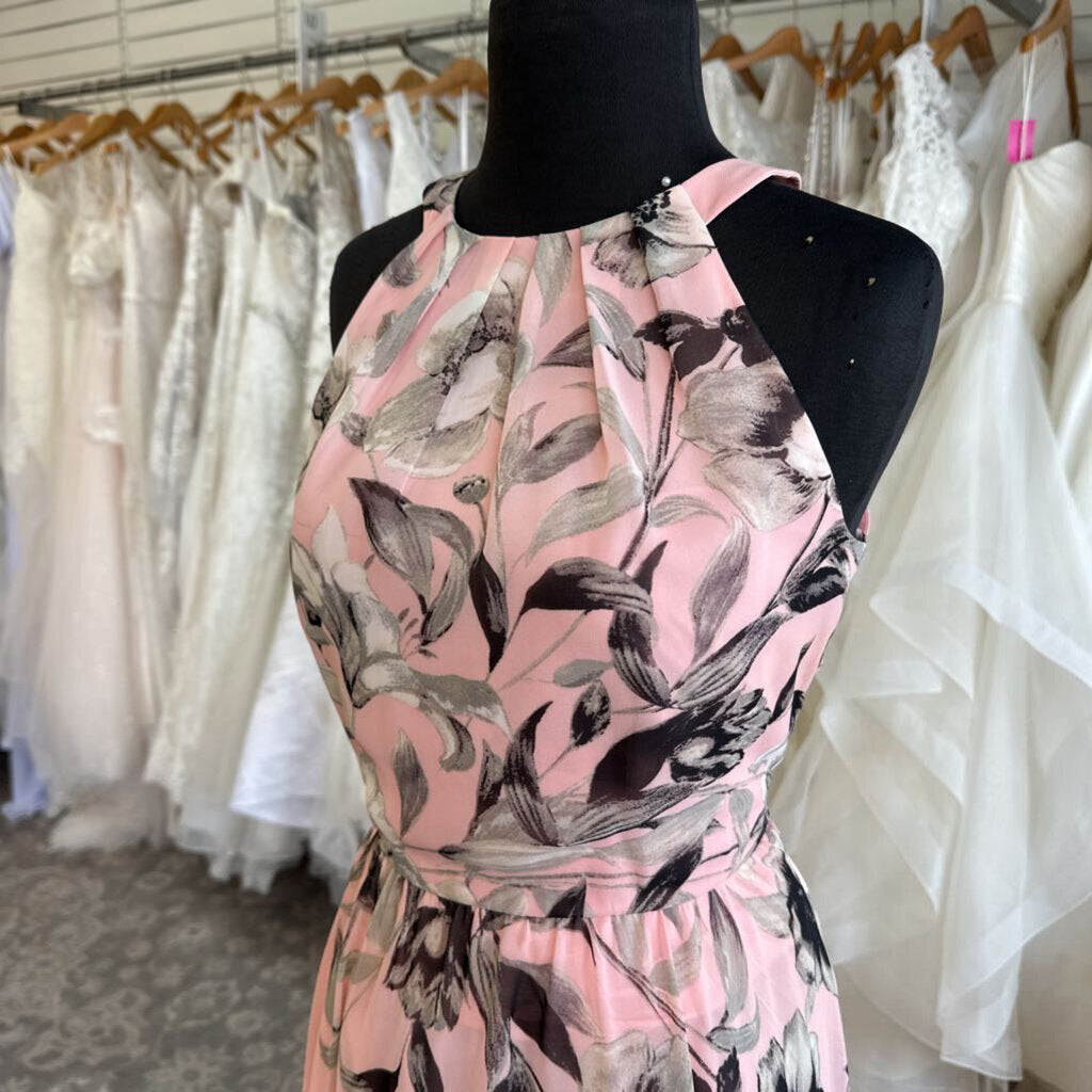 Eliza J Pink/ Black/ White Flower Print High Neck Long Formal Dress 10