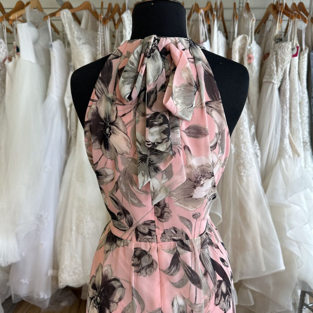 Eliza J Pink/ Black/ White Flower Print High Neck Long Formal Dress 10