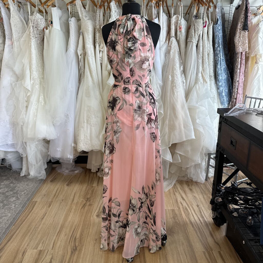 Eliza J Pink/ Black/ White Flower Print High Neck Long Formal Dress 10