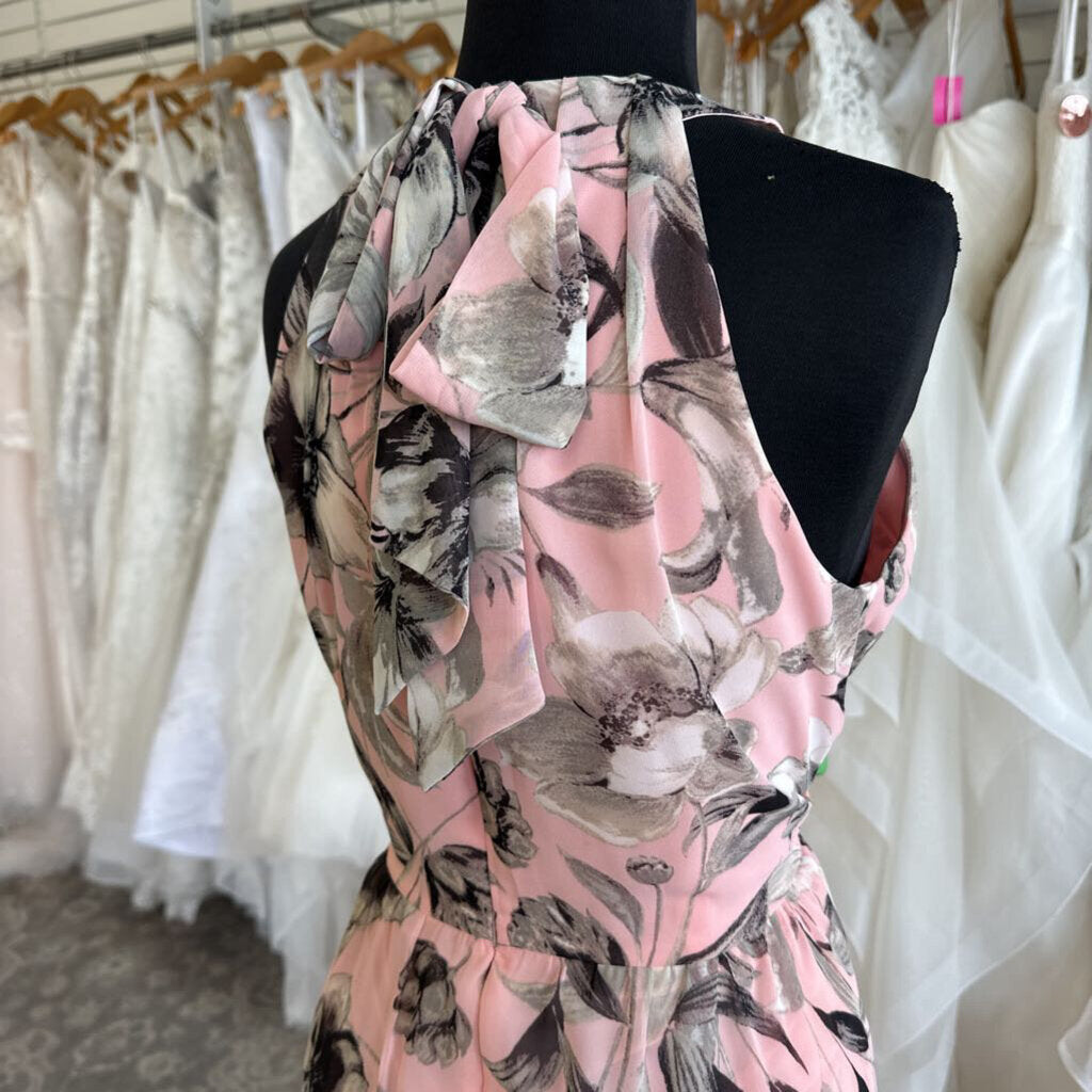 Eliza J Pink/ Black/ White Flower Print High Neck Long Formal Dress 10