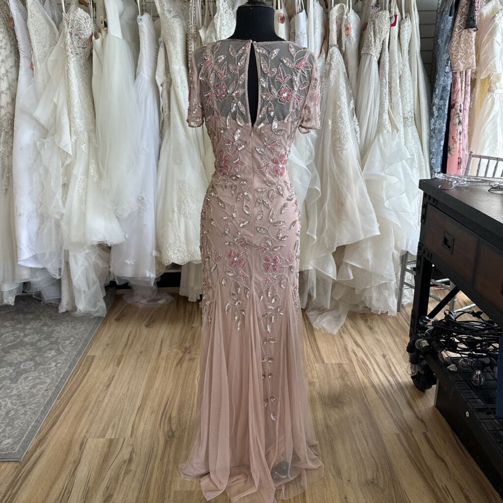 Adrianna Papell Pink Beaded Short Sleeve Long Formal Dress 8