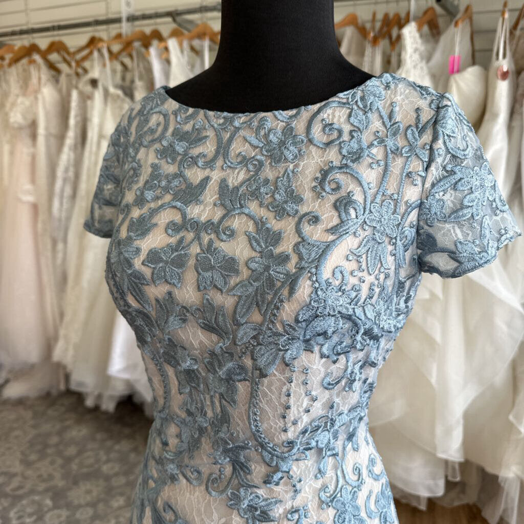 Azazie Blue/ Beige Layered Lace Short Sleeve Long Formal Dress 10