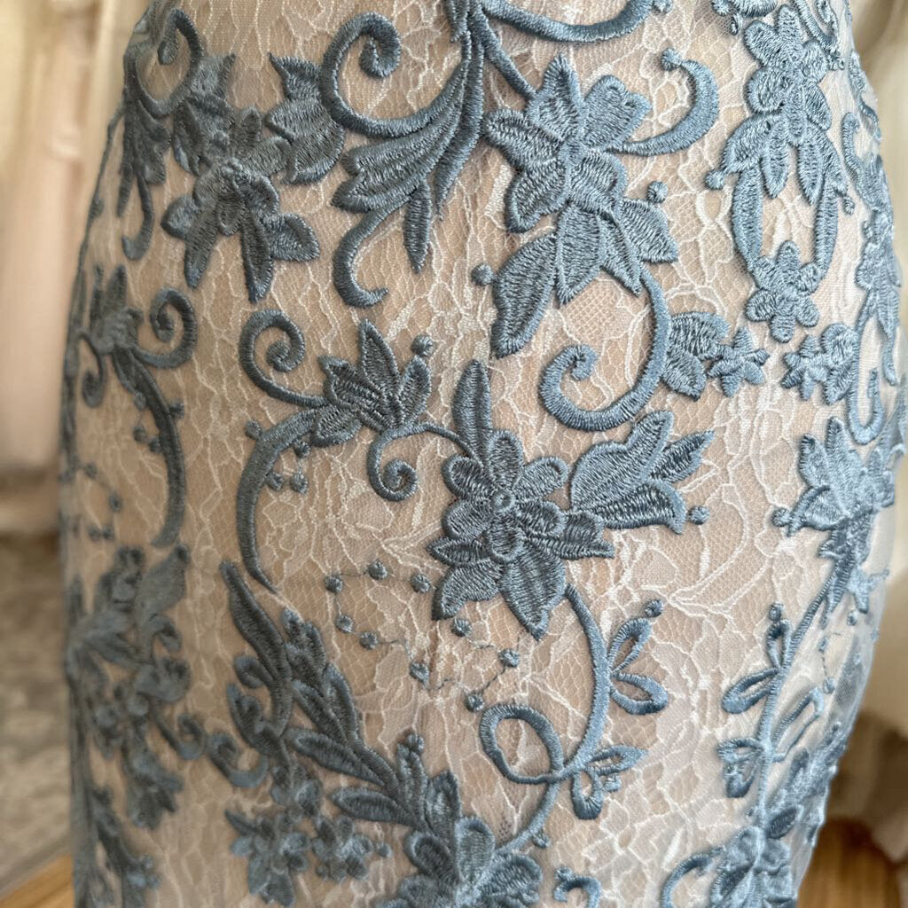 Azazie Blue/ Beige Layered Lace Short Sleeve Long Formal Dress 10