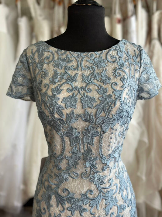 Azazie Blue/ Beige Layered Lace Short Sleeve Long Formal Dress 10