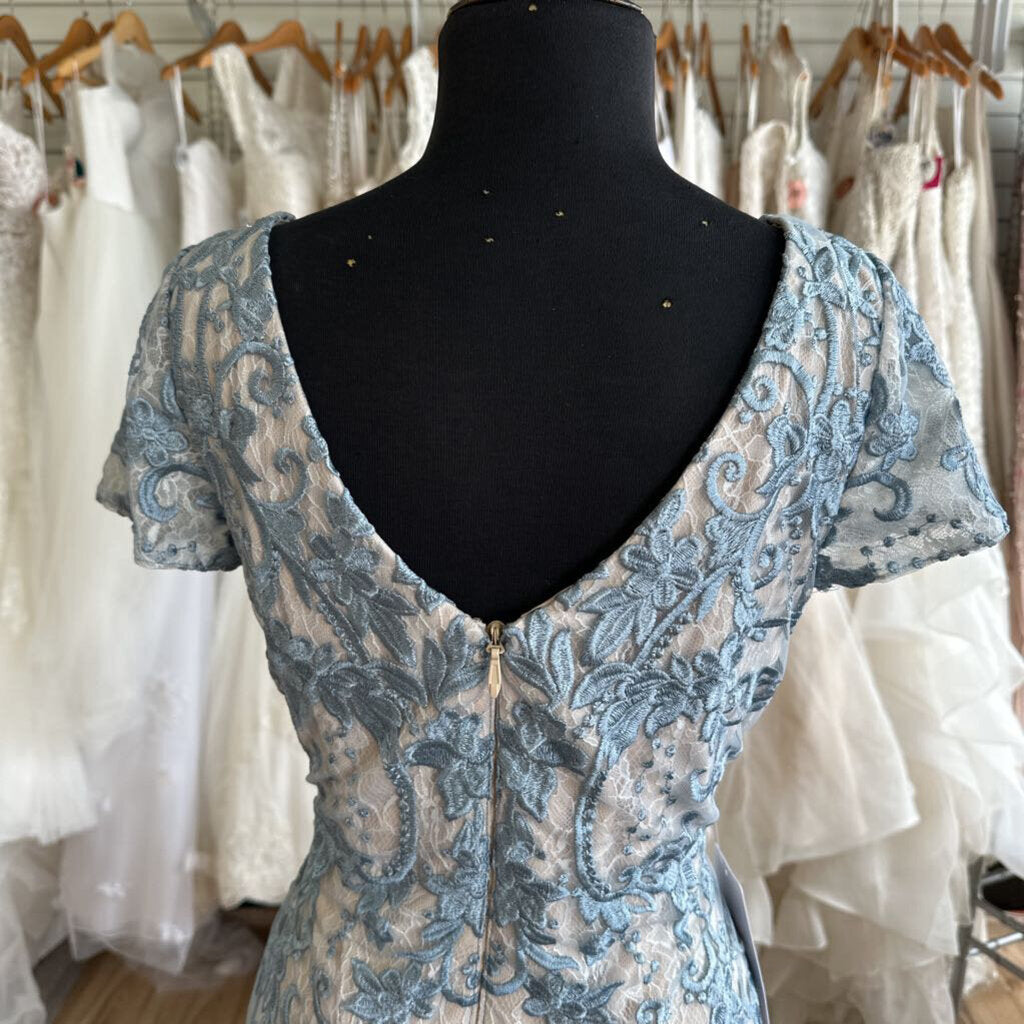 Azazie Blue/ Beige Layered Lace Short Sleeve Long Formal Dress 10