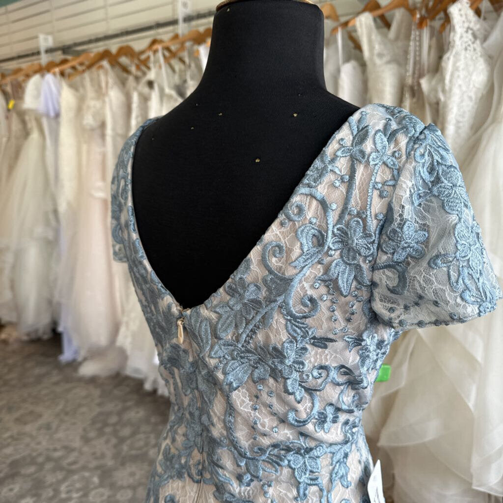 Azazie Blue/ Beige Layered Lace Short Sleeve Long Formal Dress 10