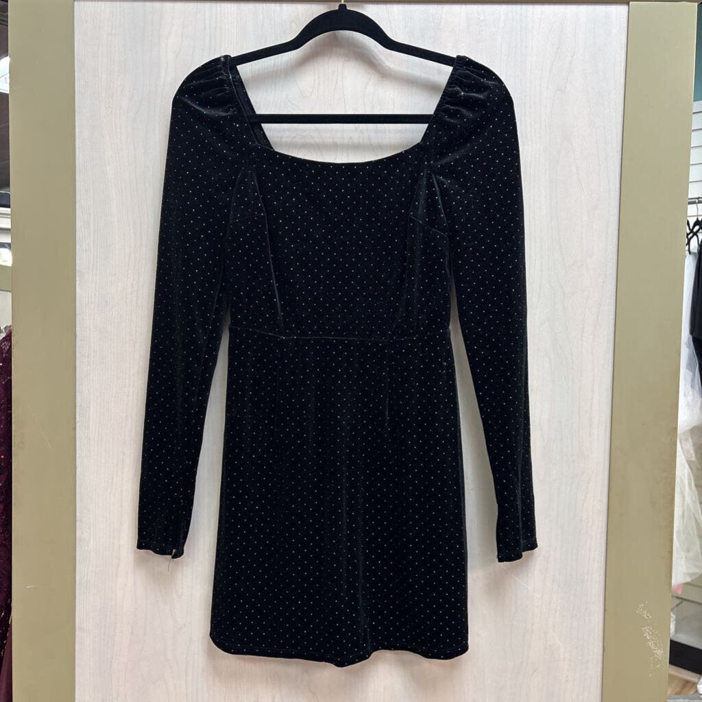 Mi Ami Black Velvet Polka Dotted Long Sleeve Short Formal Dress Small