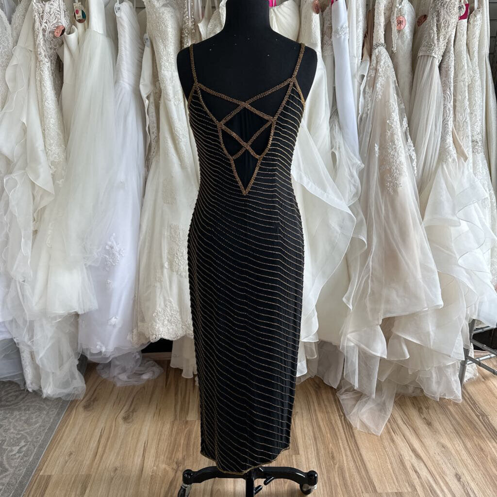 Vintage AJ Bari Black/ Gold Beaded Long Formal Dress 6