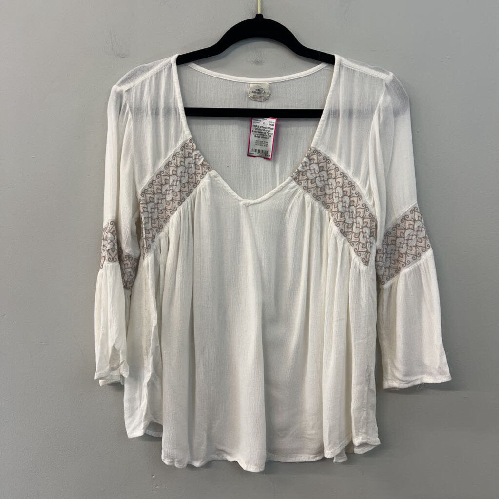 O'Neill White/ Brown Embroidered Detail Long Sleeve Top Small
